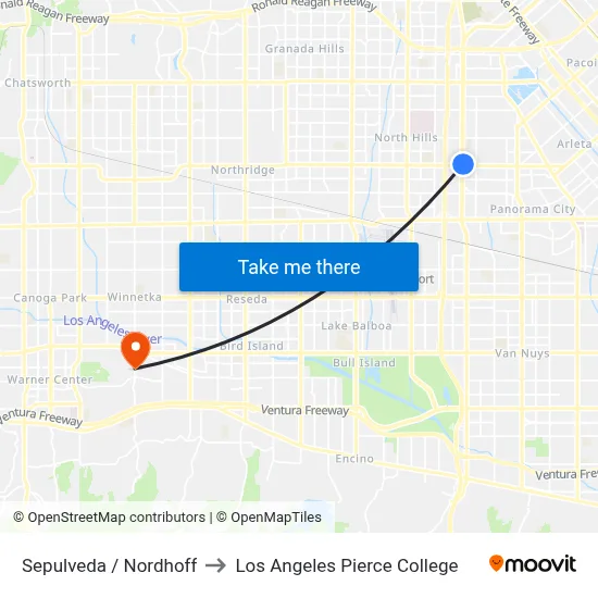 Sepulveda / Nordhoff to Los Angeles Pierce College map