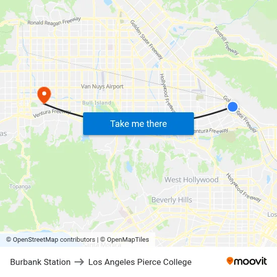 Burbank Station to Los Angeles Pierce College map