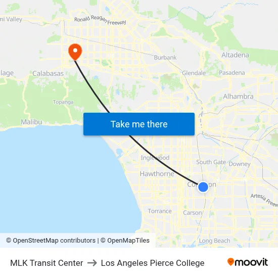 MLK Transit Center to Los Angeles Pierce College map