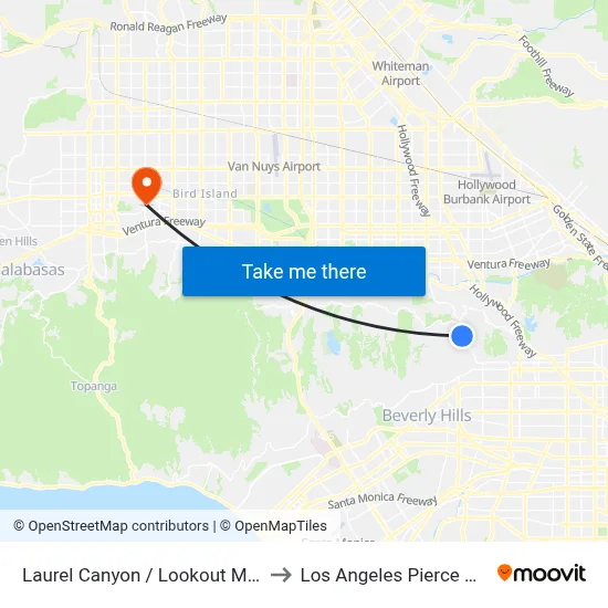 Laurel Canyon / Lookout Mountain to Los Angeles Pierce College map