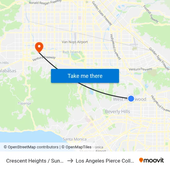 Crescent Heights / Sunset to Los Angeles Pierce College map