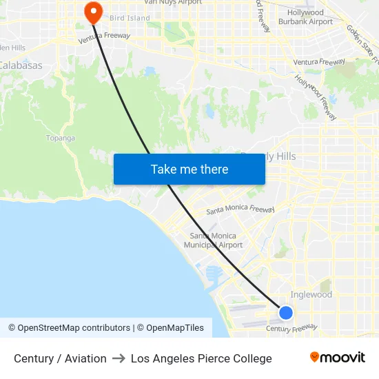 Century / Aviation to Los Angeles Pierce College map