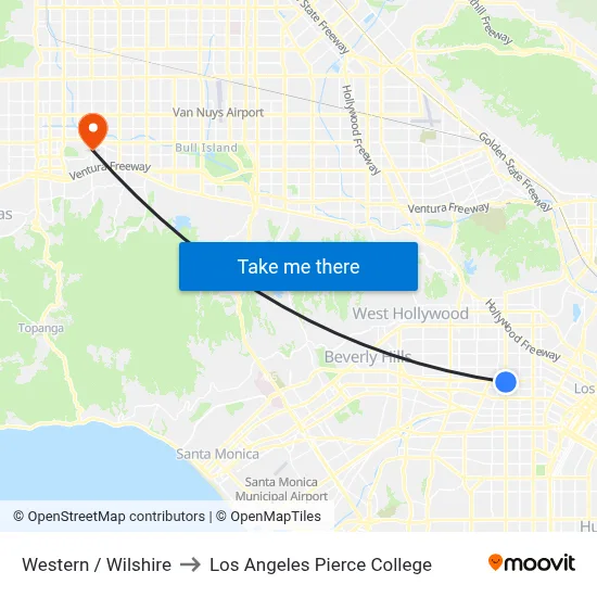 Western / Wilshire to Los Angeles Pierce College map