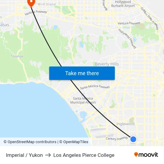 Imperial / Yukon to Los Angeles Pierce College map