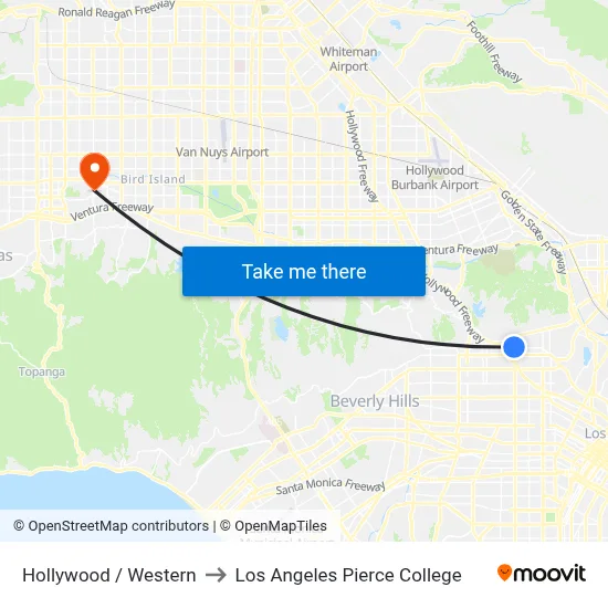 Hollywood / Western to Los Angeles Pierce College map