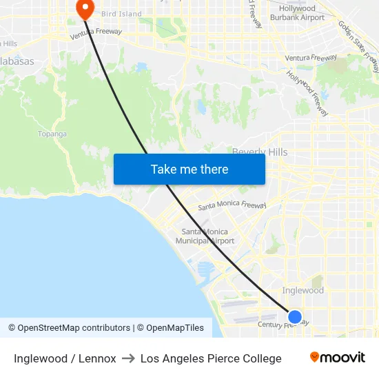 Inglewood / Lennox to Los Angeles Pierce College map
