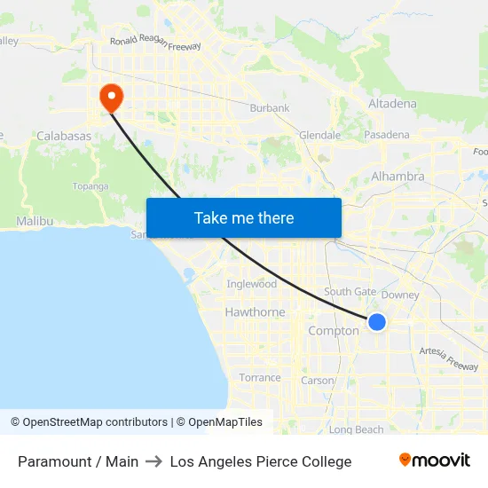 Paramount / Main to Los Angeles Pierce College map