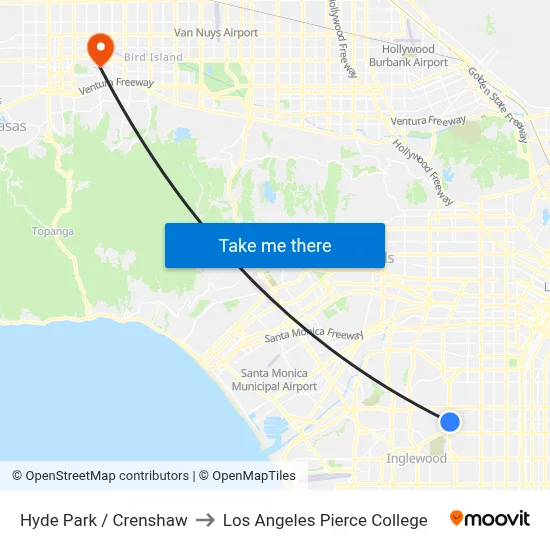 Hyde Park / Crenshaw to Los Angeles Pierce College map