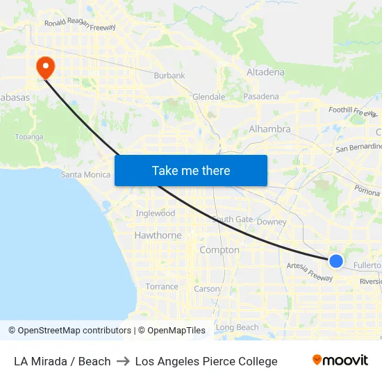 LA Mirada / Beach to Los Angeles Pierce College map