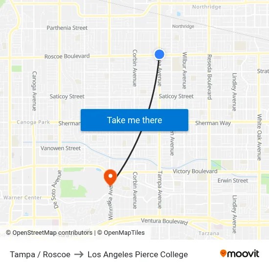 Tampa / Roscoe to Los Angeles Pierce College map