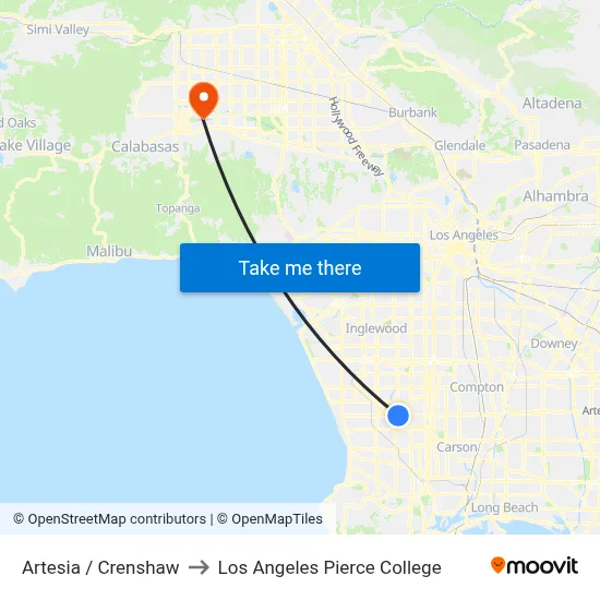 Artesia / Crenshaw to Los Angeles Pierce College map