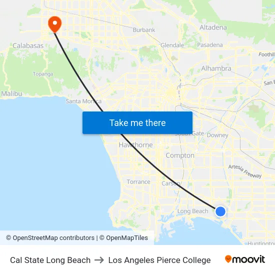 Cal State Long Beach to Los Angeles Pierce College map