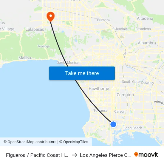 Figueroa / Pacific Coast Highway to Los Angeles Pierce College map
