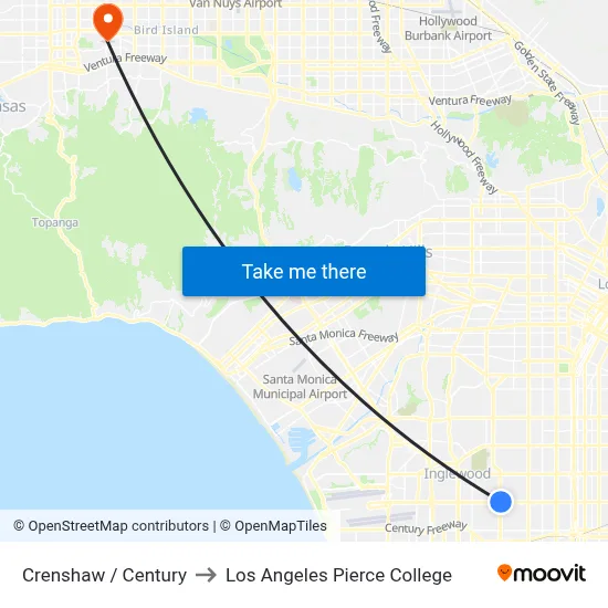 Crenshaw / Century to Los Angeles Pierce College map