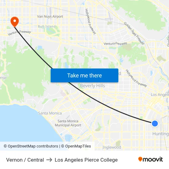 Vernon / Central to Los Angeles Pierce College map
