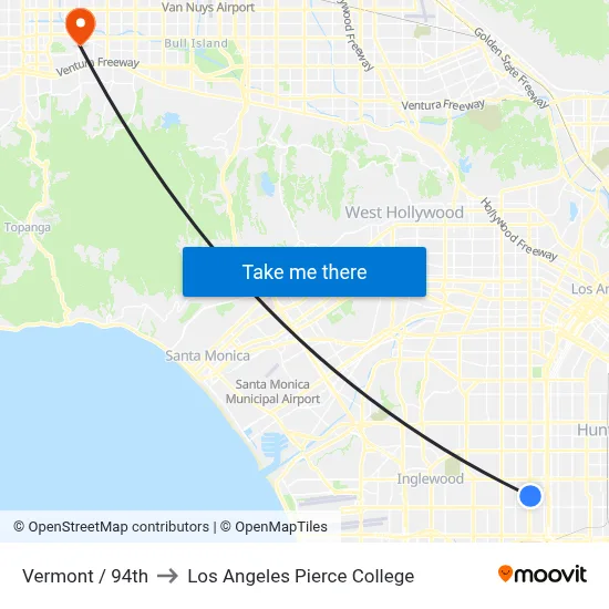 Vermont / 94th to Los Angeles Pierce College map