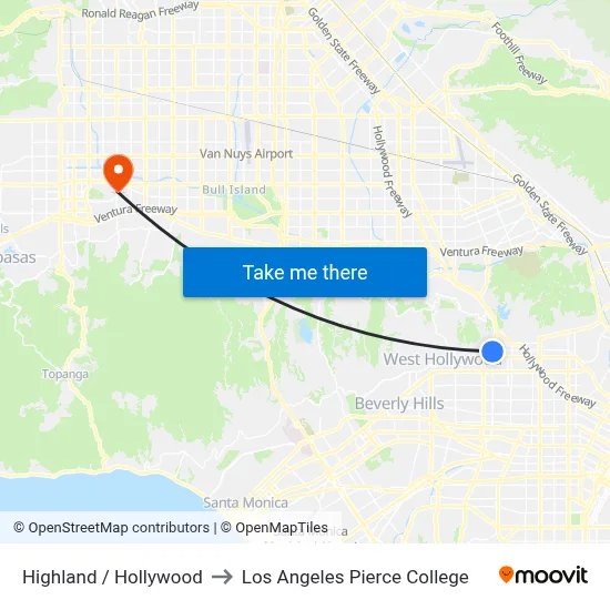 Highland / Hollywood to Los Angeles Pierce College map