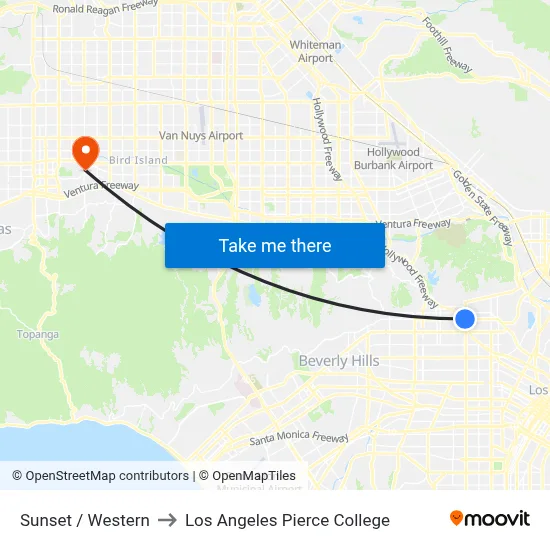 Sunset / Western to Los Angeles Pierce College map
