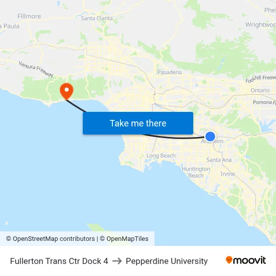 Fullerton Trans Ctr Dock 4 to Pepperdine University map