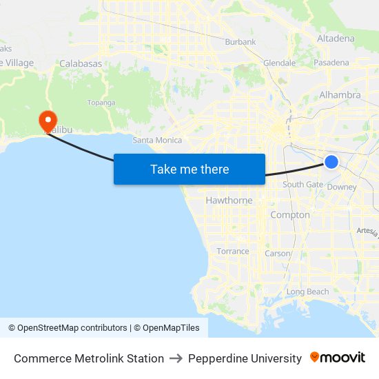 Commerce Metrolink Station to Pepperdine University map