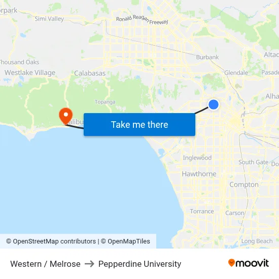 Western / Melrose to Pepperdine University map