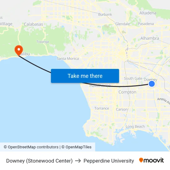Downey (Stonewood Center) to Pepperdine University map