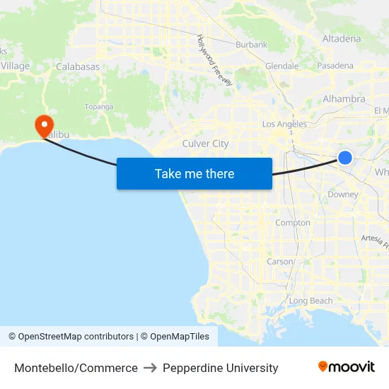 Montebello/Commerce to Pepperdine University map