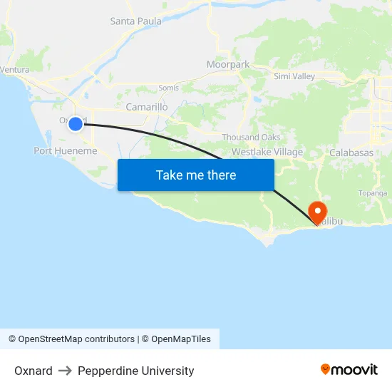 Oxnard to Pepperdine University map