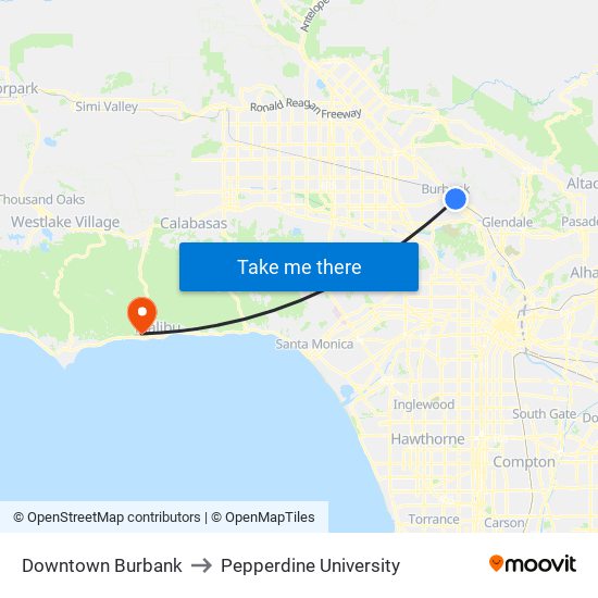 Downtown Burbank to Pepperdine University map