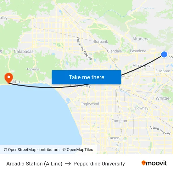 Arcadia Station (A Line) to Pepperdine University map