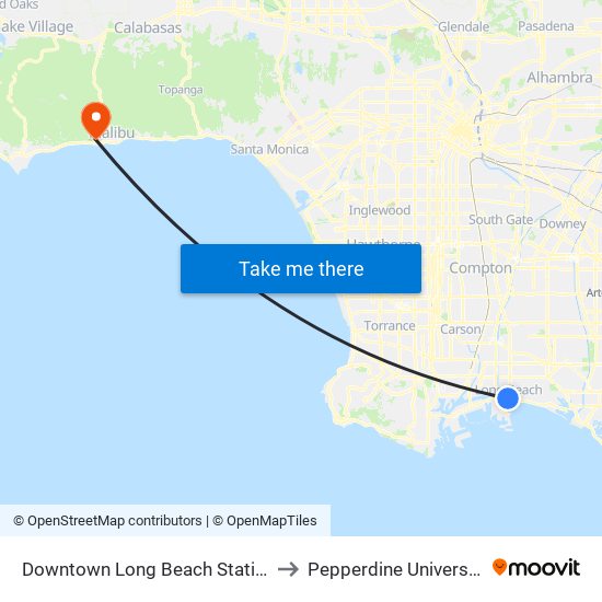 Downtown Long Beach Station to Pepperdine University map