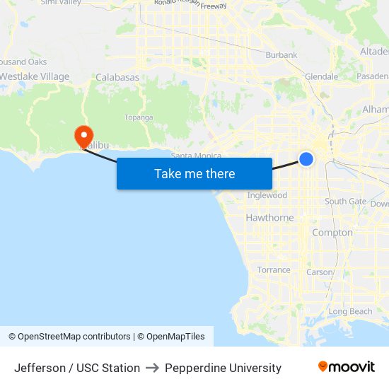 Jefferson / USC Station to Pepperdine University map