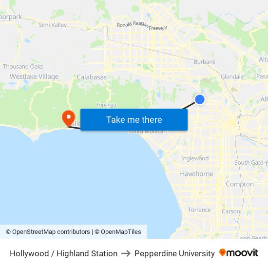 Hollywood / Highland Station to Pepperdine University map