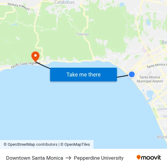 Downtown Santa Monica to Pepperdine University map
