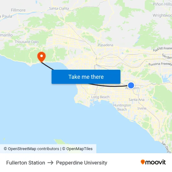 Fullerton Station to Pepperdine University map