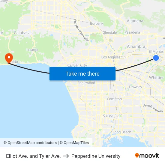 Elliot Ave. and Tyler Ave. to Pepperdine University map