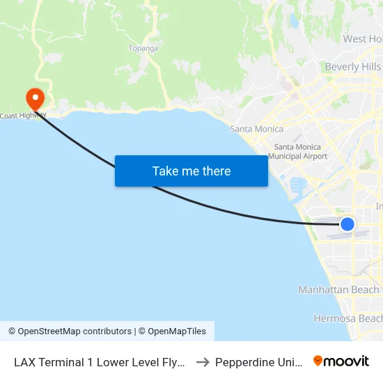 LAX Terminal 1 Lower Level Flyaway Stop to Pepperdine University map