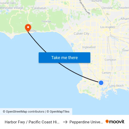 Harbor Fwy / Pacific Coast Highway to Pepperdine University map