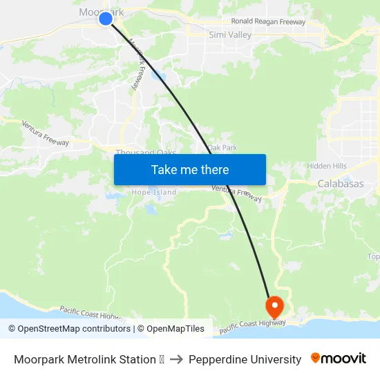 Moorpark Metrolink Station ♿ to Pepperdine University map