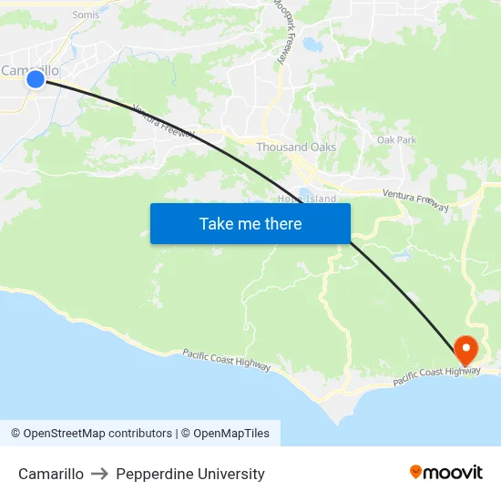 Camarillo to Pepperdine University map