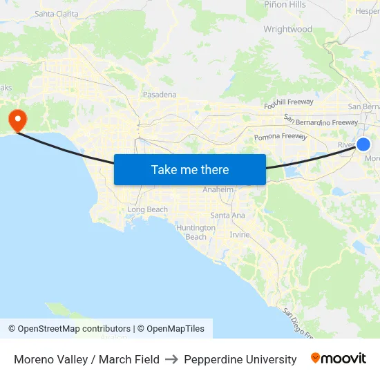 Moreno Valley / March Field to Pepperdine University map