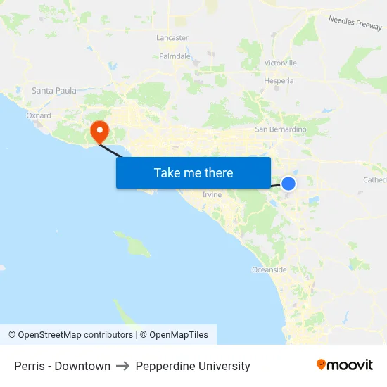 Perris - Downtown to Pepperdine University map