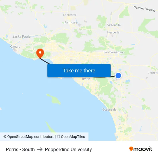 Perris - South to Pepperdine University map