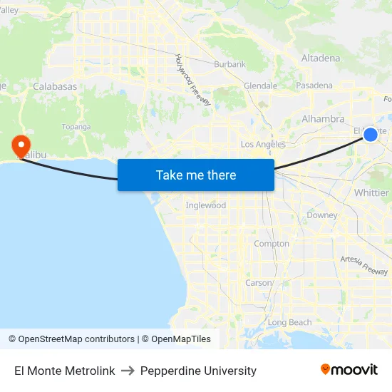 El Monte Metrolink to Pepperdine University map