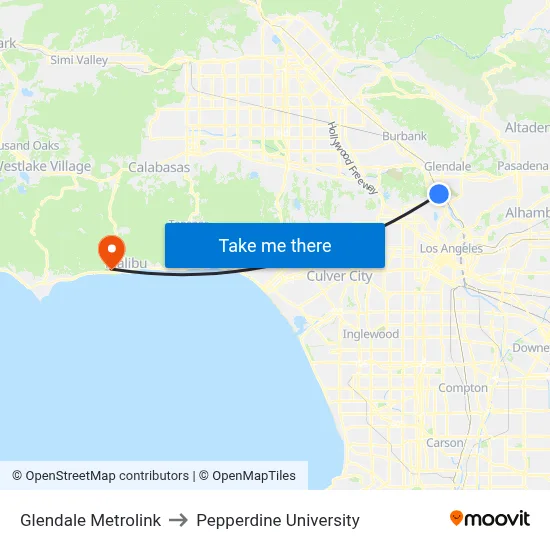 Glendale Metrolink to Pepperdine University map