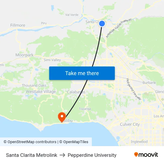 Santa Clarita Metrolink to Pepperdine University map