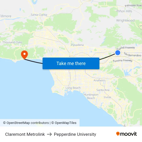 Claremont Metrolink to Pepperdine University map