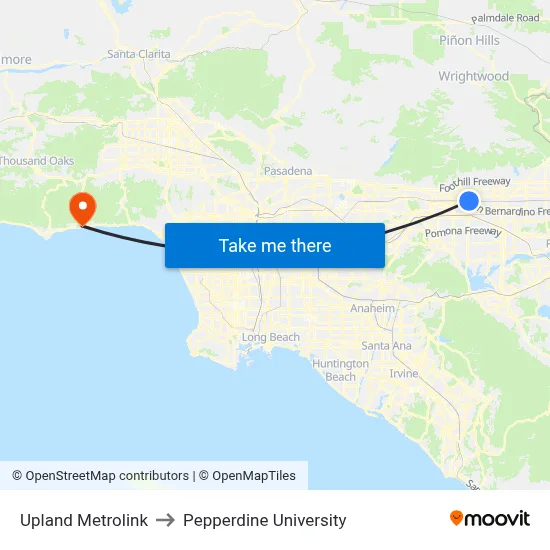 Upland Metrolink to Pepperdine University map