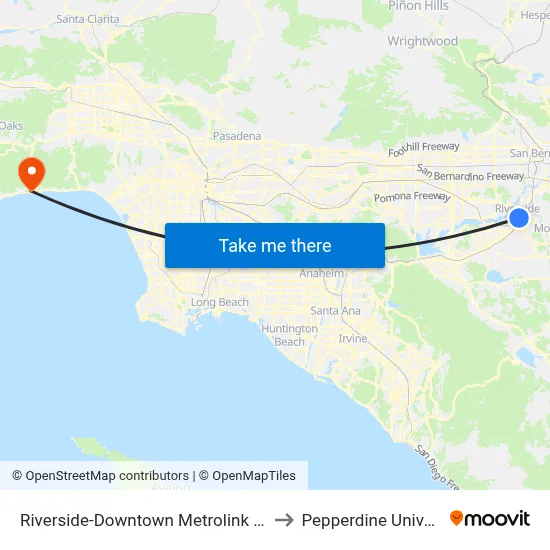 Riverside-Downtown Metrolink Station to Pepperdine University map