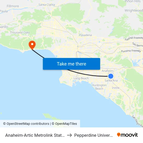 Anaheim-Artic Metrolink Station to Pepperdine University map